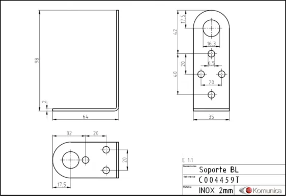 ESCUADRA DE FIJACIÓN KOMUNICA C004459T ACERO INOXIDABLE 64 X 98MM ORIFICIO 16.3MM