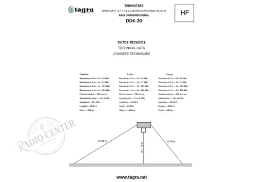 Tagra DDK-20 Antena Dipolo HF  | Windom 5 Bandas 80–40–20–15–10 m | 1.000 W | 41,4 m | Cable Dipoflex M&P