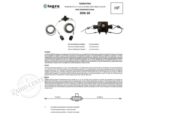 Tagra DDK-20 Antena Dipolo HF  | Windom 5 Bandas 80–40–20–15–10 m | 1.000 W | 41,4 m | Cable Dipoflex M&P